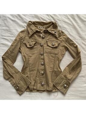 d.i.a. Tan Brown Military Jacket Studded Pockets Crest Buttons Size XS